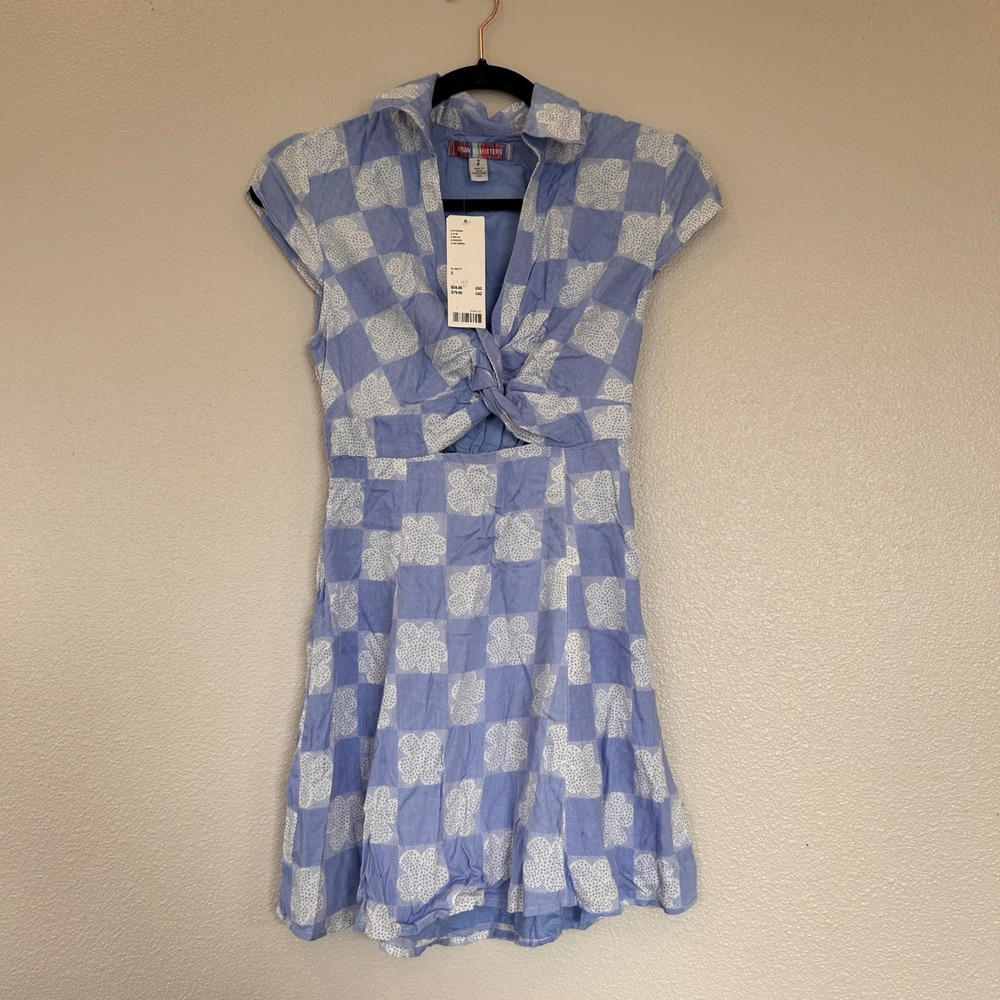 Urban Outfitters Blue Checkered Floral Twist Front Cutout Mini‎ Dress Small NWT